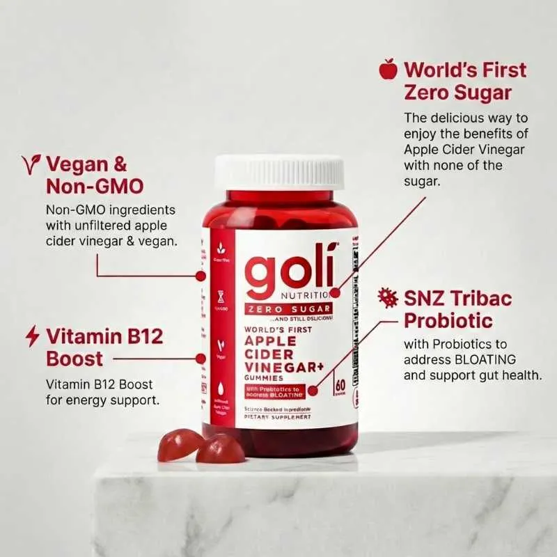 Goli Nutrition Zero Sugar Apple Cider Vinegar Gummies with SNZ Tribac Probiotic for Bloating Support and Vitamin B12 for Energy, Vegan, 60 Count - Image 2