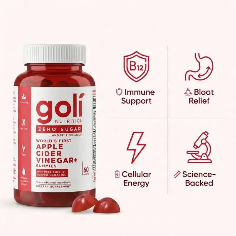Goli Nutrition Zero Sugar Apple Cider Vinegar Gummies with SNZ Tribac Probiotic for Bloating Support and Vitamin B12 for Energy, Vegan, 60 Count - Image 4