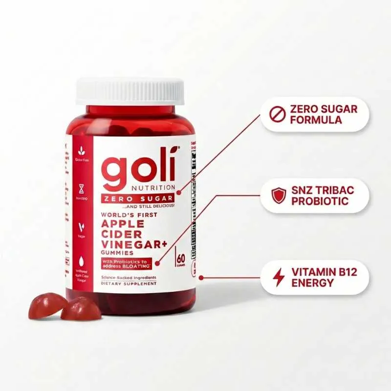 Goli Zero Sugar Apple Cider Vinegar Gummies with Probiotics for Bloating and Immune Support, Vitamin B12 Energy Metabolism Supplement, Vegan and Non-GMO, 60 Count - Image 2