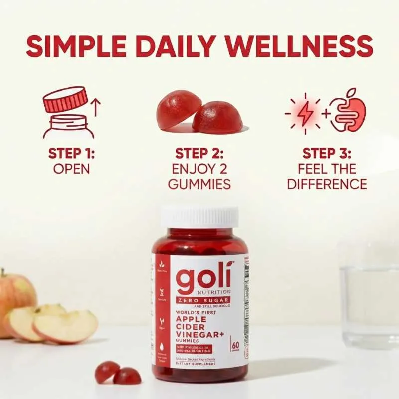 Goli Zero Sugar Apple Cider Vinegar Gummies with Probiotics for Bloating and Immune Support, Vitamin B12 Energy Metabolism Supplement, Vegan and Non-GMO, 60 Count - Image 5
