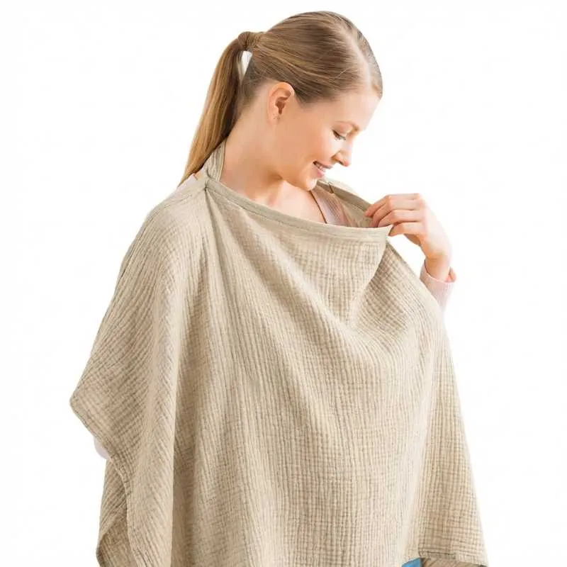 KONSSY Muslin Nursing Cover for Breastfeeding 100% Cotton Breathable Apron with Rigid Hoop and Adjustable Strap Multi-use Carseat Canopy Stroller Blanket Summer Wheat BRJ07 - Image 1