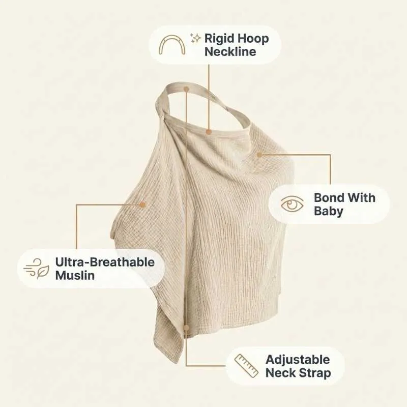 KONSSY Muslin Nursing Cover for Breastfeeding 100% Cotton Breathable Apron with Rigid Hoop and Adjustable Strap Multi-use Carseat Canopy Stroller Blanket Summer Wheat BRJ07 - Image 2