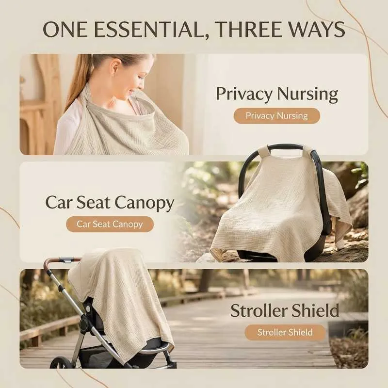 KONSSY Muslin Nursing Cover for Breastfeeding 100% Cotton Breathable Apron with Rigid Hoop and Adjustable Strap Multi-use Carseat Canopy Stroller Blanket Summer Wheat BRJ07 - Image 3