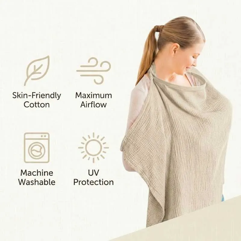 KONSSY Muslin Nursing Cover for Breastfeeding 100% Cotton Breathable Apron with Rigid Hoop and Adjustable Strap Multi-use Carseat Canopy Stroller Blanket Summer Wheat BRJ07 - Image 5