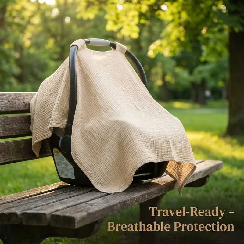 KONSSY Muslin Nursing Cover for Breastfeeding 100% Cotton Breathable Apron with Rigid Hoop and Adjustable Strap Multi-use Carseat Canopy Stroller Blanket Summer Wheat BRJ07 - Image 7
