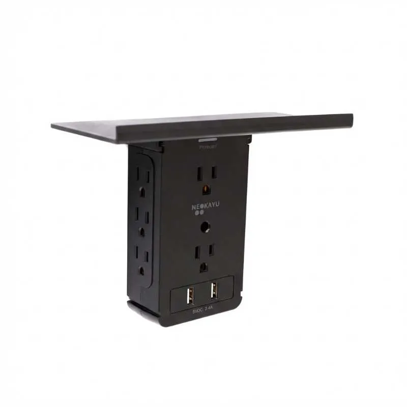 NEOKAYU Wall Outlet Extender with Shelf 6 AC Multi Plug Outlet Surge Protector with 2 USB Charging Ports 1020 Joules Fireproof Charging Station for Home Bathroom Office Black - Image 1