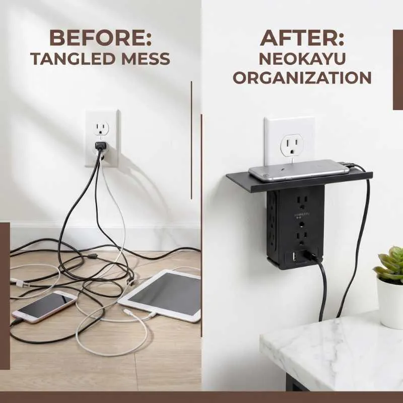NEOKAYU Wall Outlet Extender with Shelf 6 AC Multi Plug Outlet Surge Protector with 2 USB Charging Ports 1020 Joules Fireproof Charging Station for Home Bathroom Office Black - Image 2