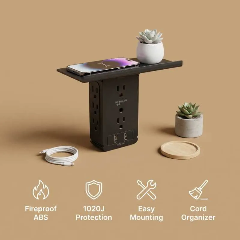 NEOKAYU Wall Outlet Extender with Shelf 6 AC Multi Plug Outlet Surge Protector with 2 USB Charging Ports 1020 Joules Fireproof Charging Station for Home Bathroom Office Black - Image 3