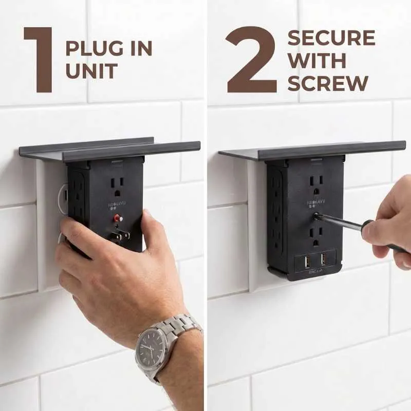 NEOKAYU Wall Outlet Extender with Shelf 6 AC Multi Plug Outlet Surge Protector with 2 USB Charging Ports 1020 Joules Fireproof Charging Station for Home Bathroom Office Black - Image 4