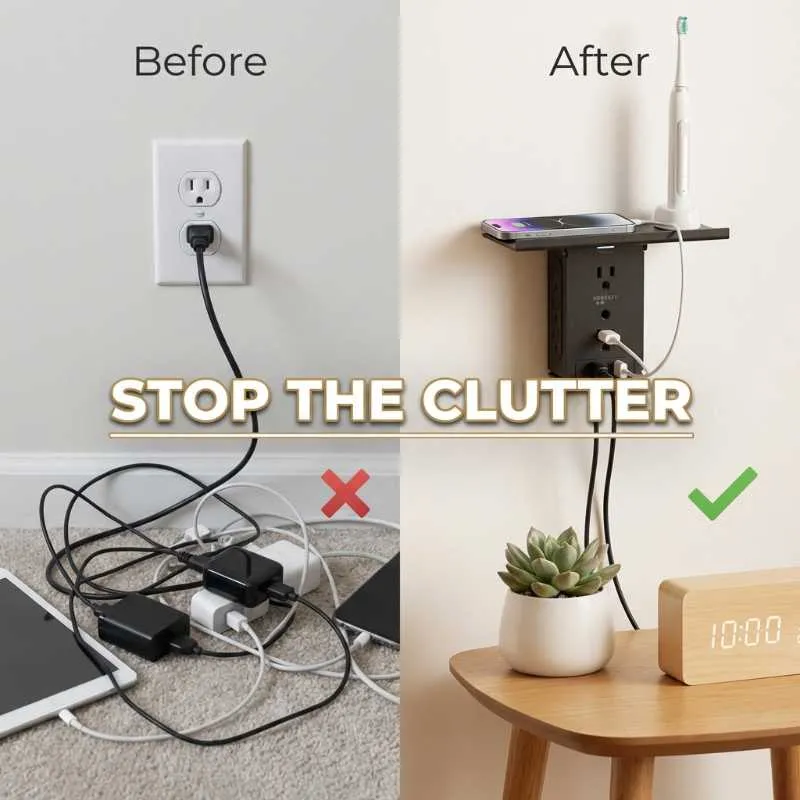 NEOKAYU Wall Outlet Extender with Shelf 6 AC Multi Plug Outlet Surge Protector with 2 USB Charging Ports 1020 Joules Fireproof Charging Station for Home Bathroom Office Black - Image 5